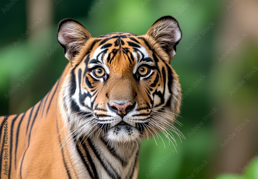 Close up portrait of a majestic tiger, its orange and black stripes sharply defined against a blurred green background. Water droplets are visible on Close up portrait of a majestic tiger, its orange and black stripes sharply defined against a blurred green background. Water droplets are visible on