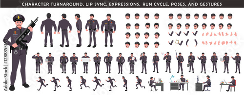 Police Officer Character Design Model Sheet. Man, Character design. Front, side, back view and explainer animation poses. Character set with lip sync and Walk cycle animation sequences.