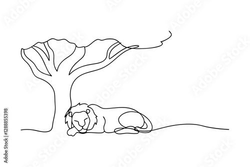 Serene Lion Resting Under African Savanna Tree, OneLine Drawing