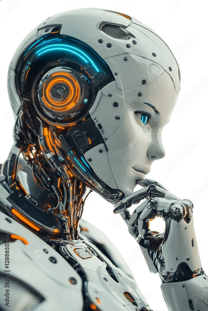 Futuristic Humanoid Robot with AI Thinking Gesture PNG isolated Transparent White Background Photo Image Full hd 4k download Futuristic Humanoid Robot with AI Thinking Gesture PNG isolated Transparent White Background Photo Image Full hd 4k download