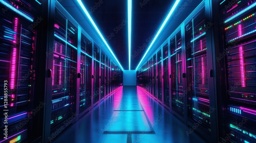 A futuristic data center with neon-like lights illuminating rows of servers and advanced network equipment, symbolizing technological power and innovation. A futuristic data center with neon-like lights illuminating rows of servers and advanced network equipment, symbolizing technological power and innovation.