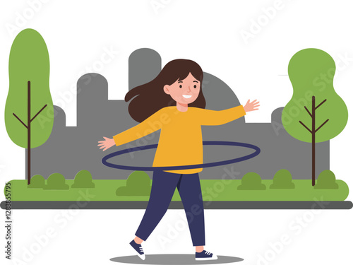 Young girl hula hooping in a park with trees and city skyline backdrop