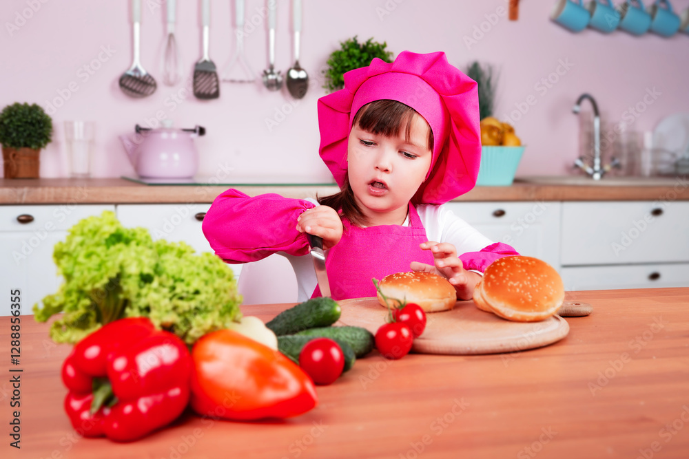 Funny happy little beautiful girl in a chef costume prepares burgers while sitting at a table in the kitchen. Healthy eating. Funny happy little beautiful girl in a chef costume prepares burgers while sitting at a table in the kitchen. Healthy eating.