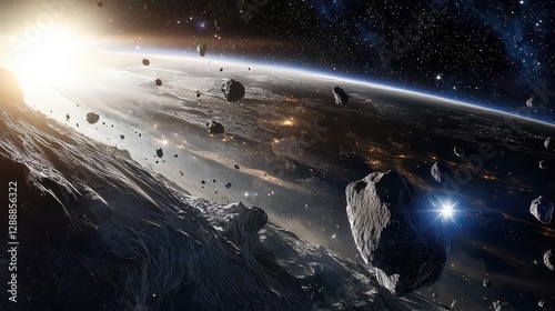 A breathtaking asteroid belt surrounds Earth, each rock reflecting the constellations