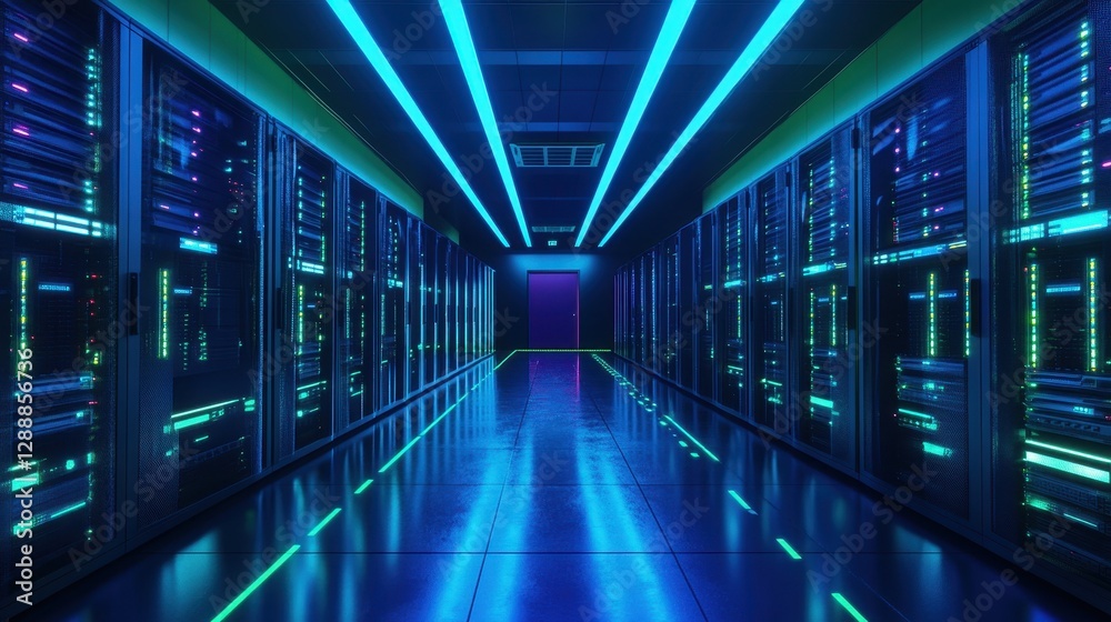 A high-tech data center illuminated by vibrant blue and green lights, showcasing rows of sleek servers and modern network equipment. A high-tech data center illuminated by vibrant blue and green lights, showcasing rows of sleek servers and modern network equipment.