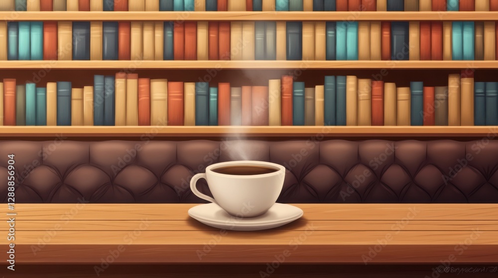 A cozy coffee shop with warm lighting, bookshelves filled with books, steaming mugs on tables A cozy coffee shop with warm lighting, bookshelves filled with books, steaming mugs on tables