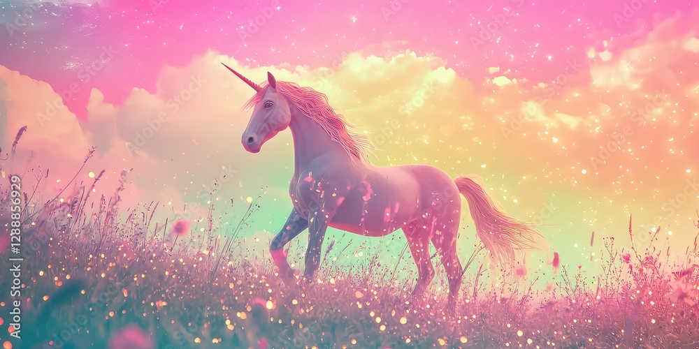 Fototapeta premium Unicorn dreamland with magical pink sky gradients and twinkling lights.