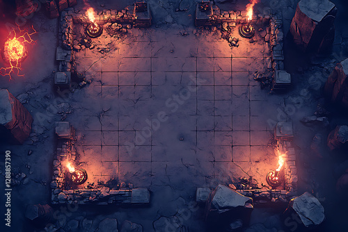 Isometric Battle Map Game Layout With Glowing Orange Lights And Dark Terrain