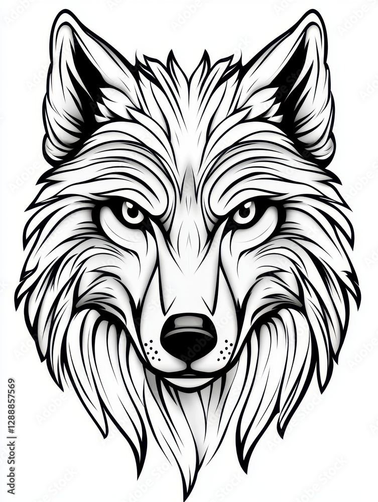 Fototapeta premium Detailed line drawing of a wolf's head, featuring intricate fur details and intense gaze. The monochromatic palette creates a striking contrast