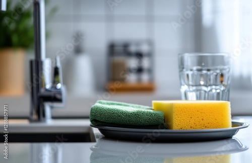 Kitchen sink, cleaning supplies, dish cloths, sponge, water glass, home