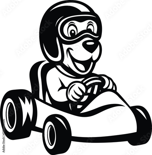 A cute Cartoon dog driving a go-kart premium silhouette vector illustration, Cartoon dog driving a go-kart line art vector icon design