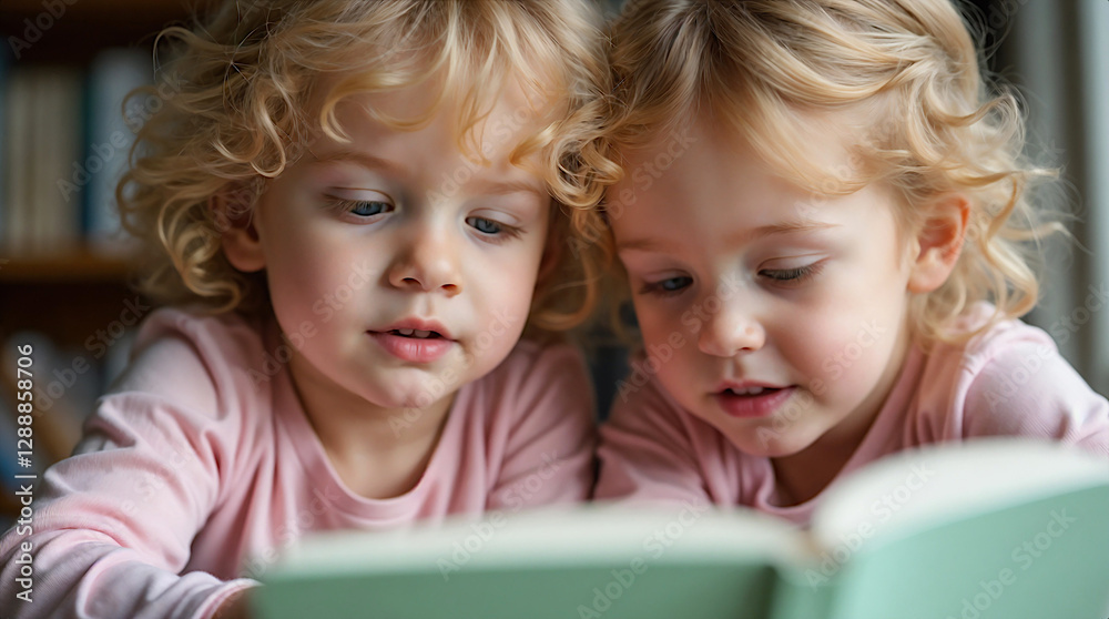 Two girls reading a book on a bed in a cozy children's room. Two girls reading a book on a bed in a cozy children's room.