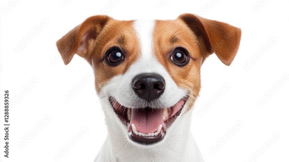 Happy Jack Russell Terrier dog portrait against a white background. The dog has brown and white fur, and its mouth is open in a smile. Studio Happy Jack Russell Terrier dog portrait against a white background. The dog has brown and white fur, and its mouth is open in a smile. Studio