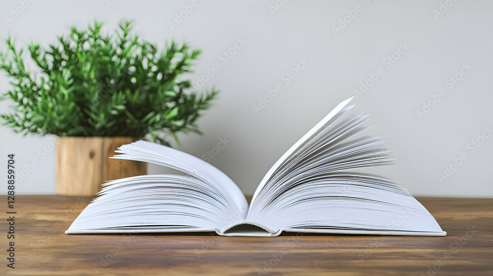 Open Book with Turned Pages on Wooden Table with Green Plant Open Book with Turned Pages on Wooden Table with Green Plant