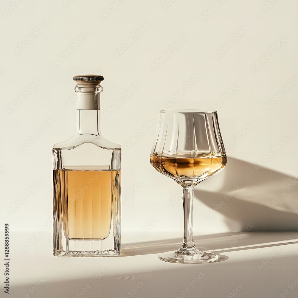 Elegant Decanter and Wine Glass with Golden Beverage in Soft Light