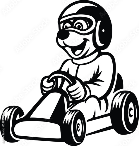 A cute Cartoon dog driving a go-kart premium silhouette vector illustration, Cartoon dog driving a go-kart line art vector icon design