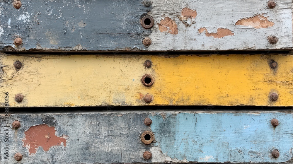 Close up view of painted wood planks and metal rivets Close up view of painted wood planks and metal rivets