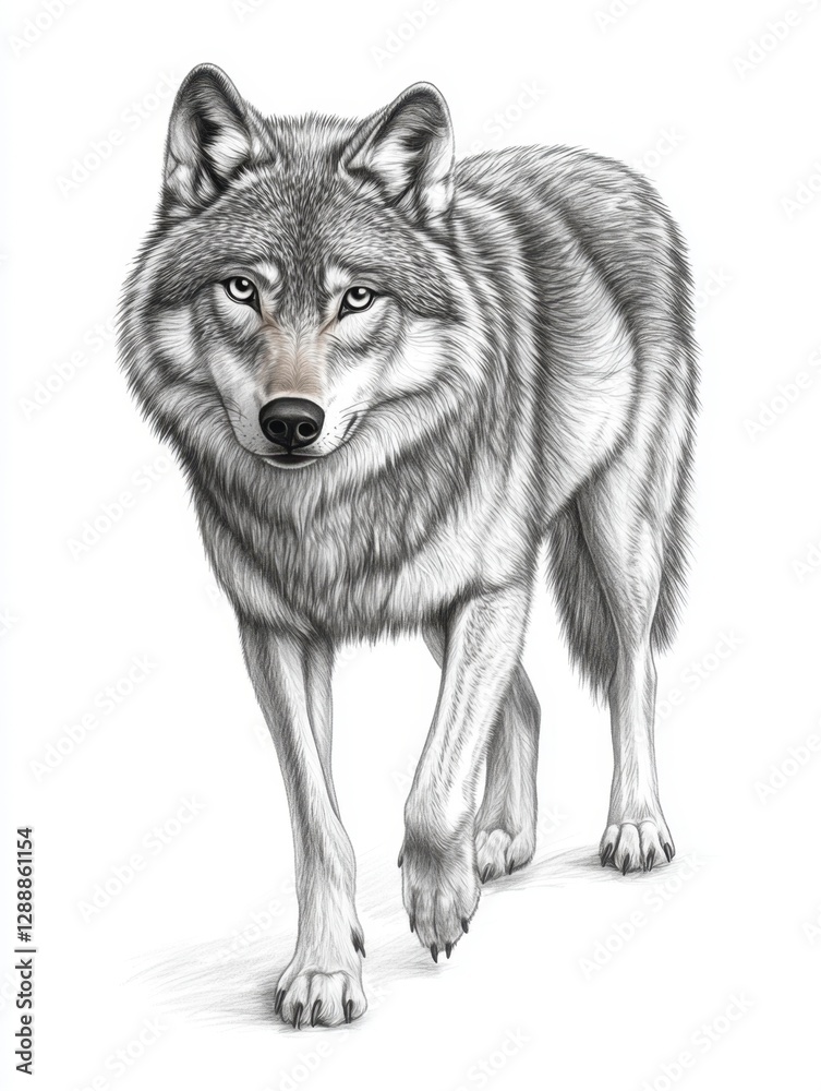 Gray wolf pen and ink drawing, detailed rendering of fur and anatomy, intense gaze, white background, wildlife art Gray wolf pen and ink drawing, detailed rendering of fur and anatomy, intense gaze, white background, wildlife art