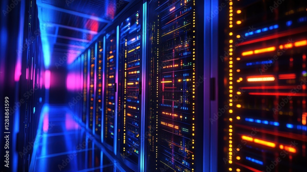 Rows of powerful servers in a vibrant data center, illuminated by dynamic lighting, showcasing the technology that drives modern connectivity. Rows of powerful servers in a vibrant data center, illuminated by dynamic lighting, showcasing the technology that drives modern connectivity.