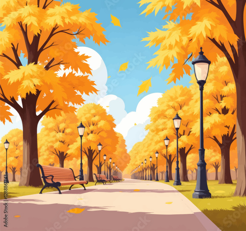 Autumn park promenade with falling leaves and lamp posts
