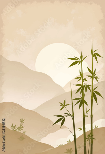Bamboo silhouette against sunrise over misty mountains