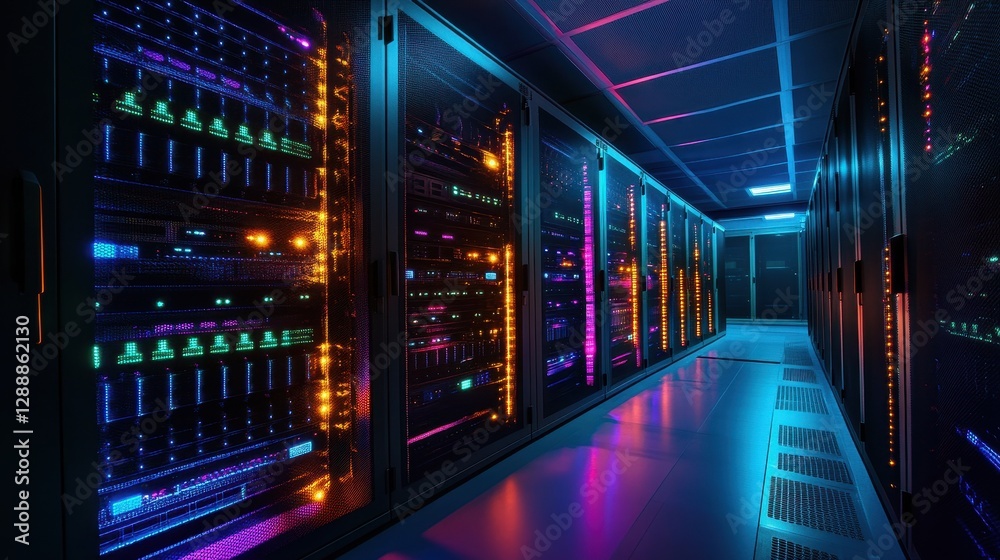 Rows of servers in a high-tech data center, illuminated by colorful lighting, displaying the modern complexity of network systems and technology. Rows of servers in a high-tech data center, illuminated by colorful lighting, displaying the modern complexity of network systems and technology.