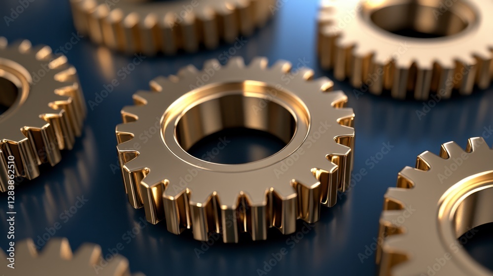 Close up view of several gold gears on a dark blue surface. The gears are metallic and highly detailed, suggesting precision engineering. The image Close up view of several gold gears on a dark blue surface. The gears are metallic and highly detailed, suggesting precision engineering. The image