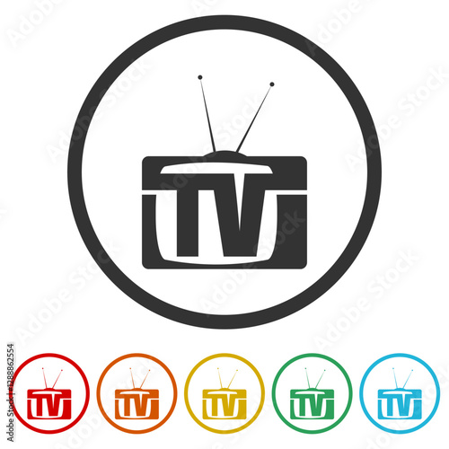 TV old logo. Set icons in color circle buttons photo