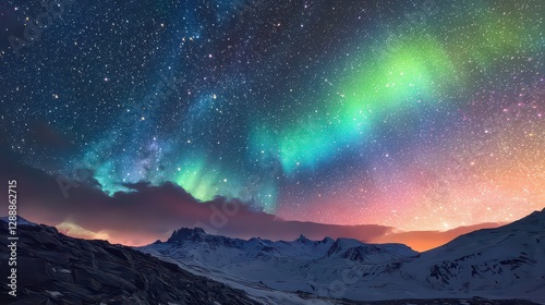 A breathtaking neon aurora on Earth, blending with constellations to form a surreal cosmic painting