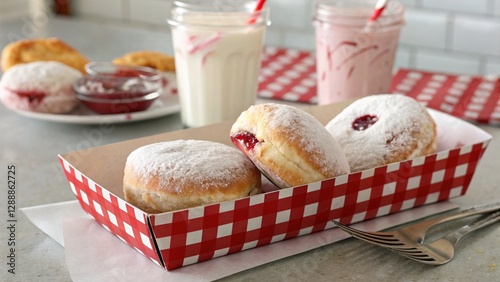 Classic powdered donuts served with milkshakes