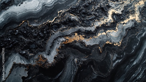 Close-up of a lustrous black and gold marble surface, showcasing its smooth, glossy finish with intricate patterns that shimmer under light