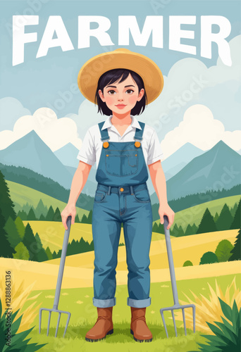 Cartoon farmer with pitchforks against idyllic landscape