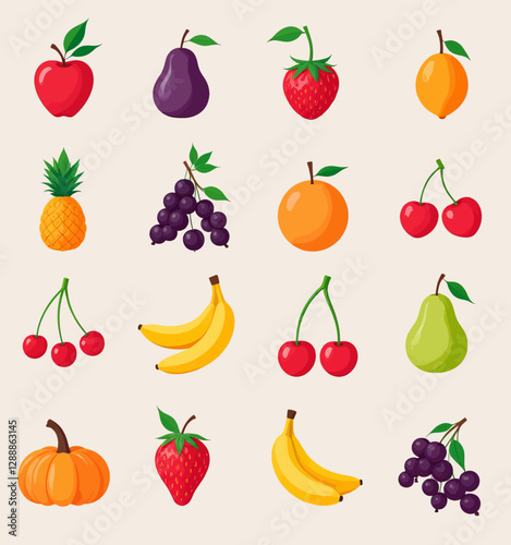Cartoon fruit icon set with pineapple and bananas