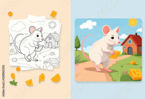 Cartoon mouse with cheese, unfinished drawing next to colorful art