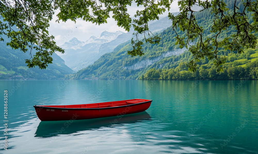 A red boat gently floating on a serene lake, with calm waters reflecting the vibrant color of the boat and the surrounding green landscape, creating a peaceful and picturesque scene.
A red boat gently floating on a serene lake, with calm waters reflecting the vibrant color of the boat and the surrounding green landscape, creating a peaceful and picturesque scene.