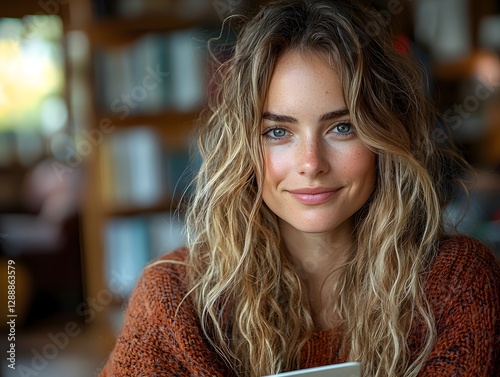 Empathetic Therapist in Minimalist Office Holding Notepad with Serene Smile photo