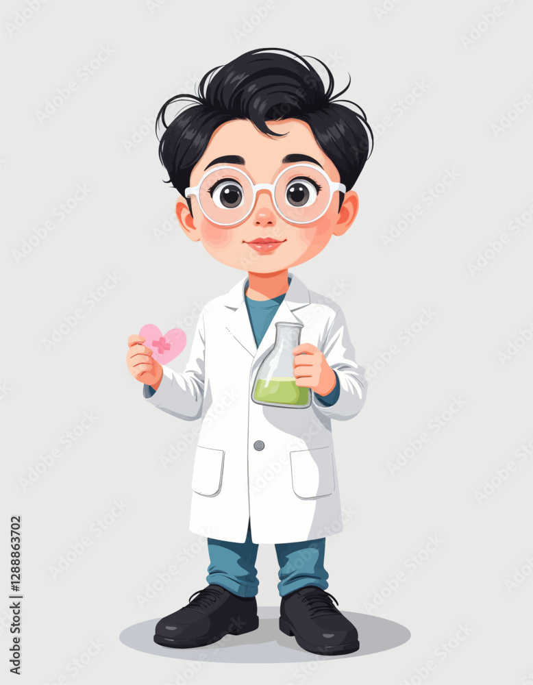 Cartoon scientist with flask and heart, wearing glasses Cartoon scientist with flask and heart, wearing glasses