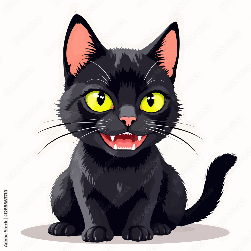 Obraz premium Cartoon style happy black cat shows teeth