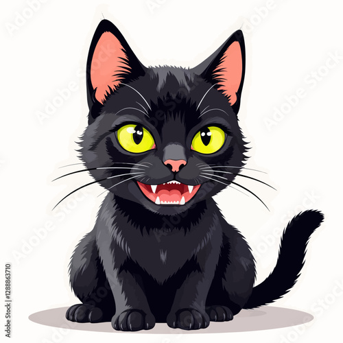 Cartoon style happy black cat shows teeth