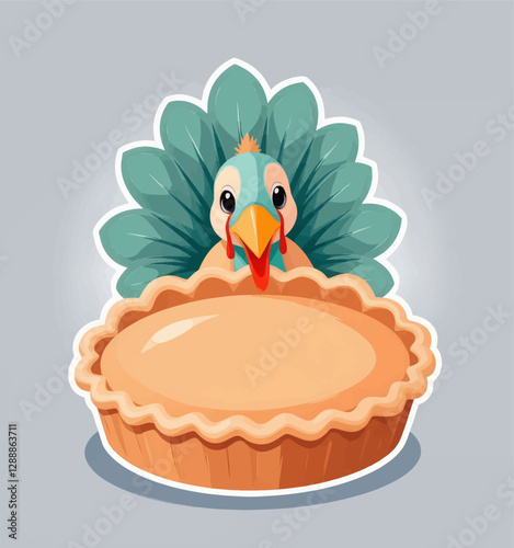 Cartoon Thanksgiving turkey behind a pie with teal feathers