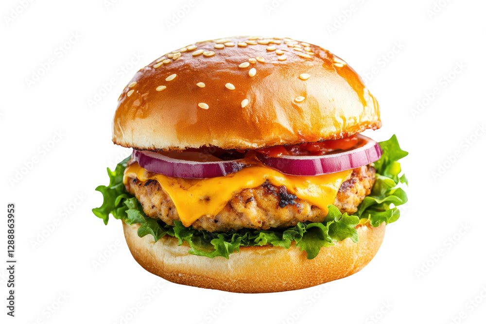 Cheesy chicken patty burger isolated on transparent or white background, png