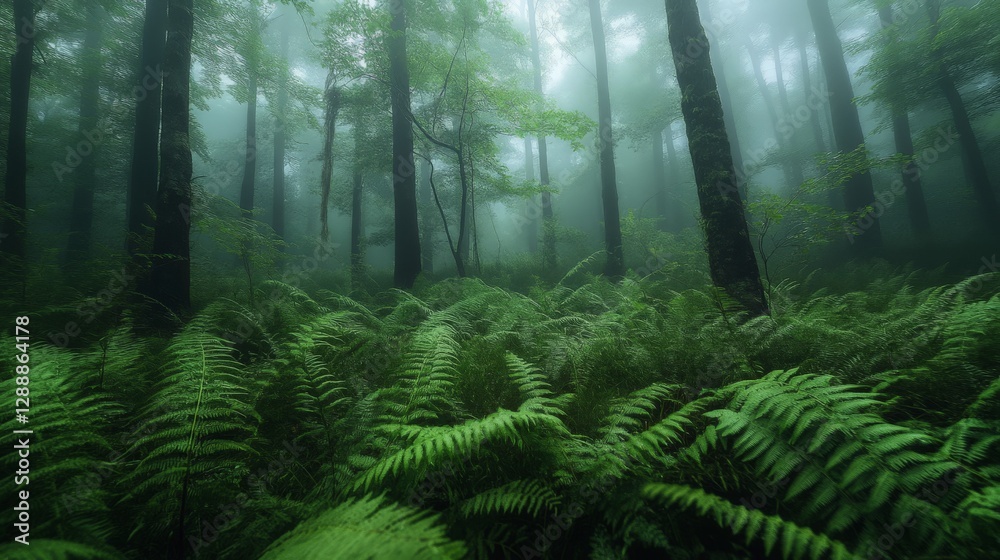 Misty forest with lush green ferns and tall trees in tranquil morning light Misty forest with lush green ferns and tall trees in tranquil morning light