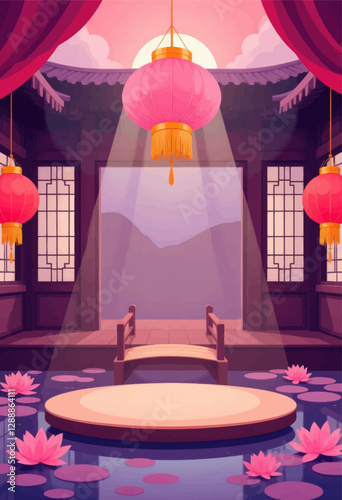 Chinese Stage with Lanterns and Lotus Lilies at Sunset