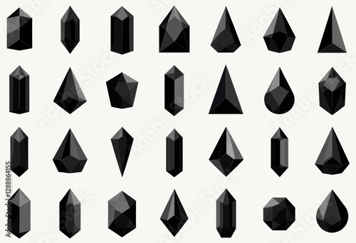 Collection of black geometric crystal shapes