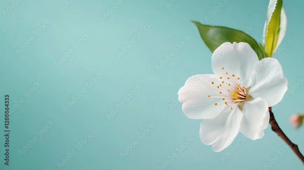 Fototapeta premium White cherry blossom blooming on a pastel mint green background