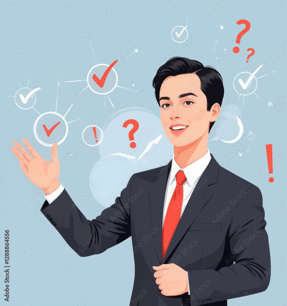 Cheerful businessman with checkmarks and questions
Cheerful businessman with checkmarks and questions