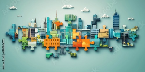 A surreal cityscape depicted as an incomplete jigsaw puzzle with missing pieces.