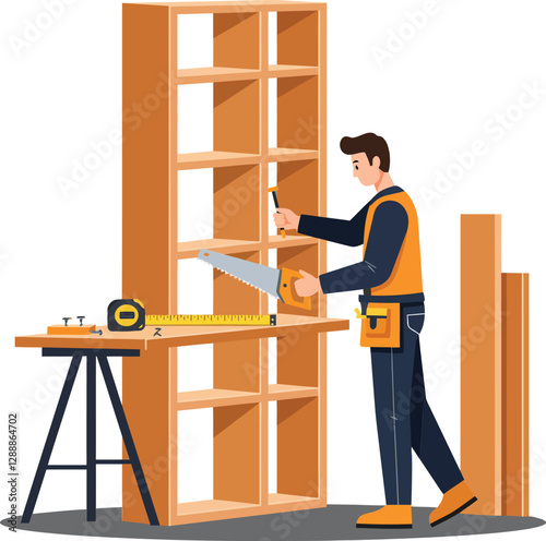 Carpenter assembling wooden shelf unit with tools in workshop environment