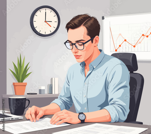 Concentrated man in glasses works with data analysis charts at desk