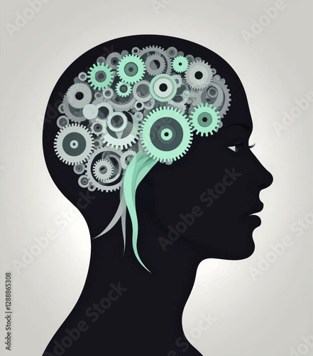 Dark Silhouette of Head with Mint Gears as Brain